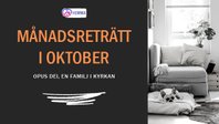 Skylt med rubriken Månadsreträtt i oktober. Brevid en bild med ett vardagsrum.