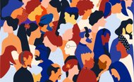 Friedliche Menschenmenge aus vielen Nationen, Rassen, Religionen, unterwegs im Alltag