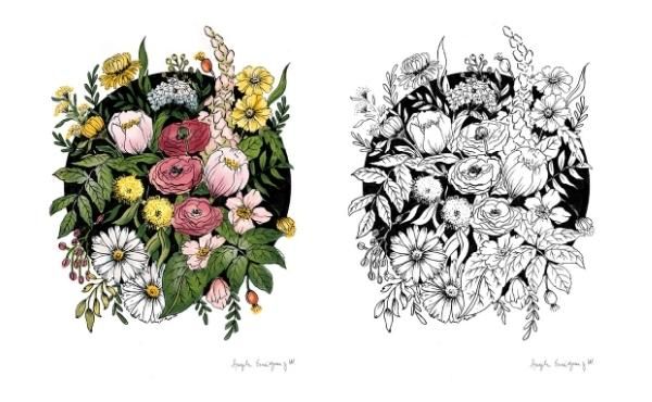 A la izquierda, las flores pintadas para el altar a la Virgen. A la derecha, la imagen que se puede imprimir para pintar .