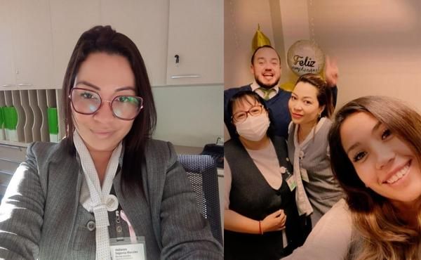 Helianes en su trabajo y junto a algunos colegas.