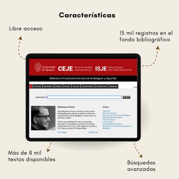 Características de la Biblioteca Virtual Josemaría Escrivá de Balaguer y Opus Dei