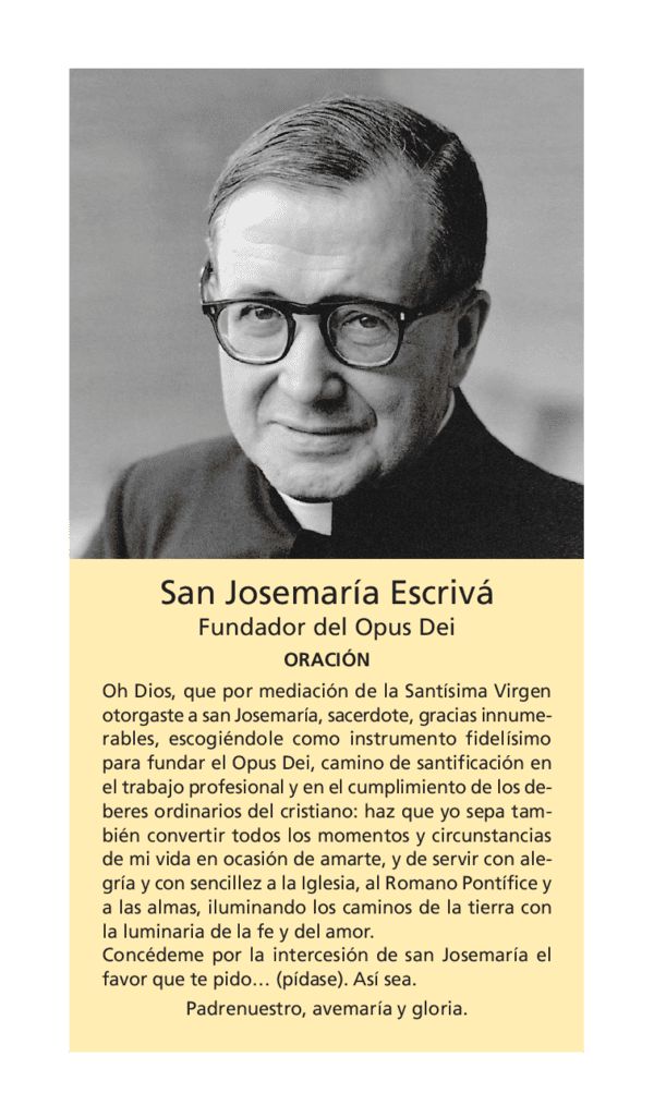 Oración estampa san Josemaría Escrivá, fundador del Opus Dei