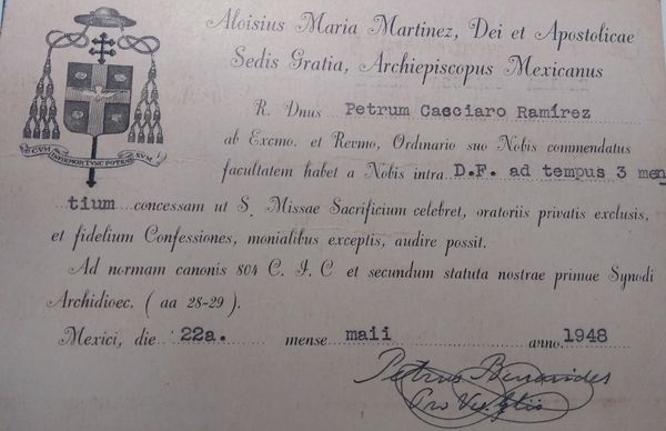 Permiso concedido por el arzobispo de México a Pedro Casciaro.