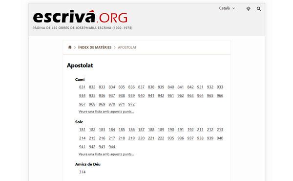 Índex de matèries segons el llibre que es vol consultar