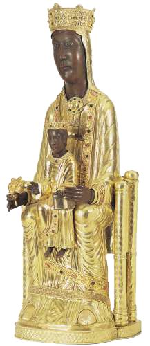 Statue de Notre Dame de Torreciudad; couronnés, Marie et l'Enfant sur ses genoux ont la peau noire et les habits sont dorés.
