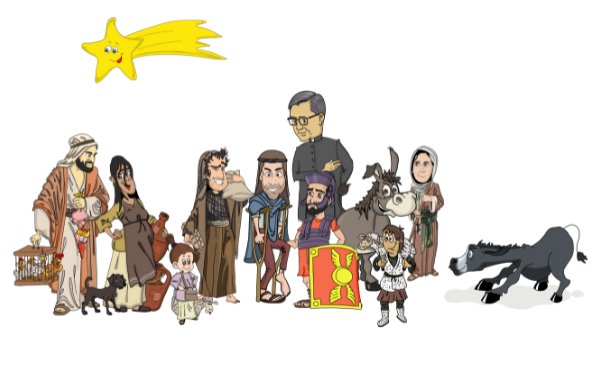 San Josemaría entre algunos personajes de Caminito de Belén