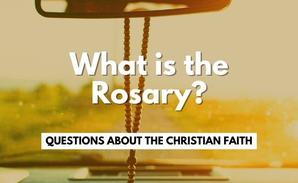 "What is the Rosary?" over background image of Rosary on a dashboard