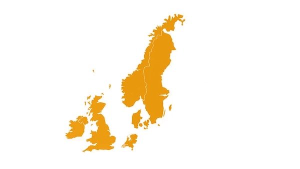 Mapp som visar Irland, Stor Britannien, Nederländerna, Skandinavien