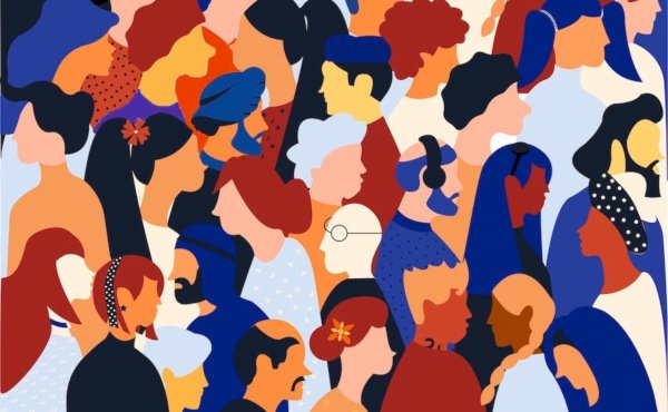 Friedliche Menschenmenge aus vielen Nationen, Rassen, Religionen, unterwegs im Alltag