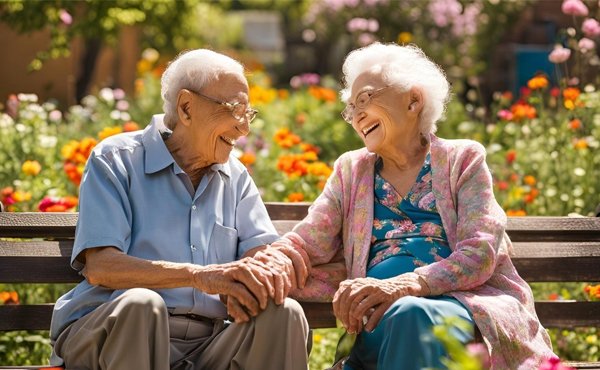 casal de idosos sentados num banco a dar a mão