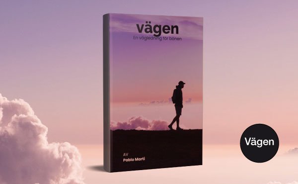 En vy av skyar och ett omslag av e-boken Vägen