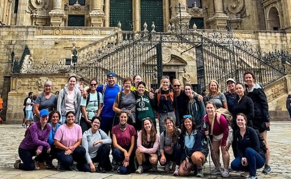 The pilgrims in front of the Cathedral of Santiago de Compostela