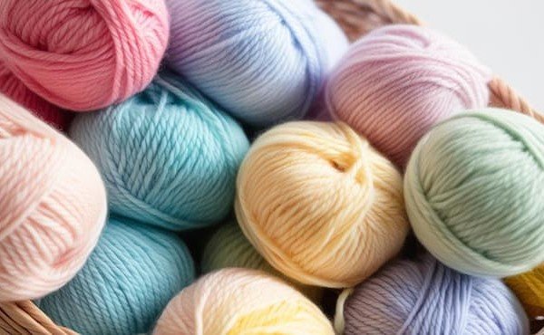 Une vue rapprochée de diverses pelotes de laine aux couleurs pastel, incluant le rose, le bleu, le jaune et le lavande, remplissant un panier.